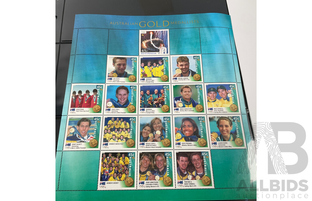 Australian 2000 Mint Stamp Blocks, Sydney Olympics Gold Medalists Hockey, Swimming, Equestrian