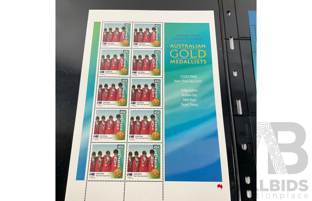 Australian 2000 Mint Stamp Blocks, Sydney Olympics Gold Medalists Hockey, Swimming, Equestrian