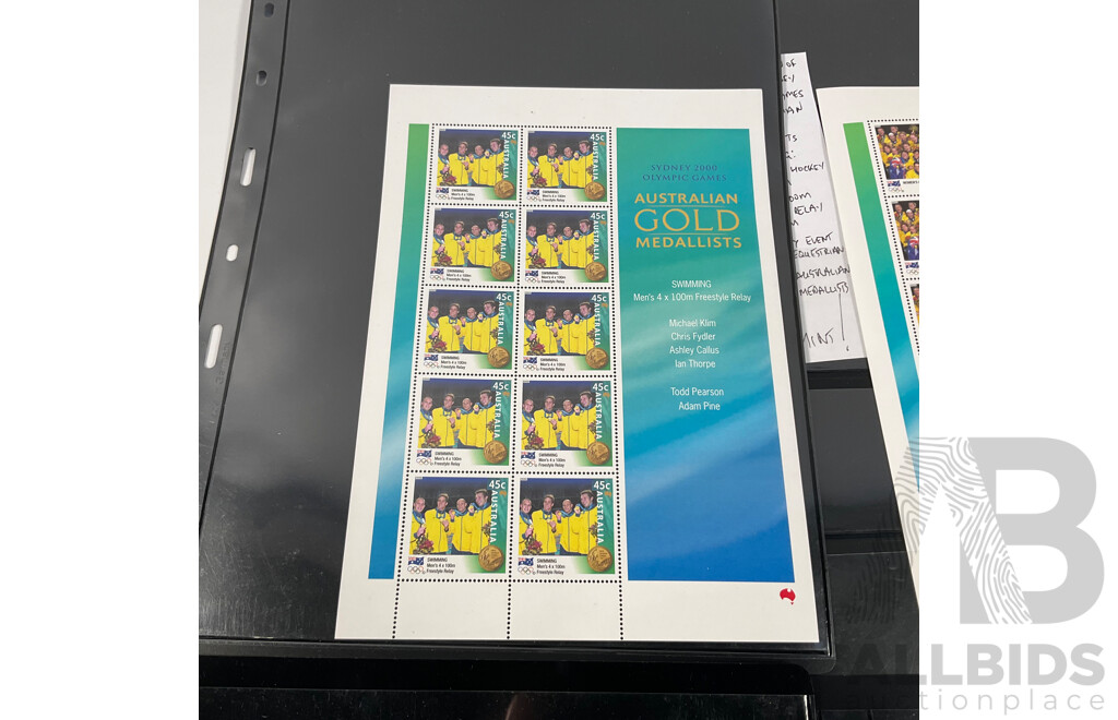 Australian 2000 Mint Stamp Blocks, Sydney Olympics Gold Medalists Hockey, Swimming, Equestrian