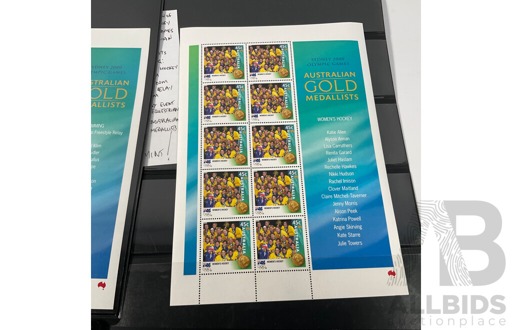Australian 2000 Mint Stamp Blocks, Sydney Olympics Gold Medalists Hockey, Swimming, Equestrian