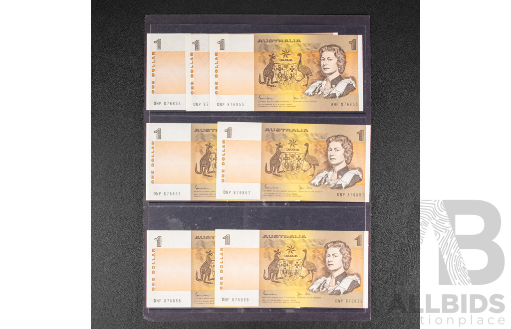 Seven Australian 1982 One Dollar Notes, Johnston/Stone R78, Consecutive DNP876853 - DNP876859