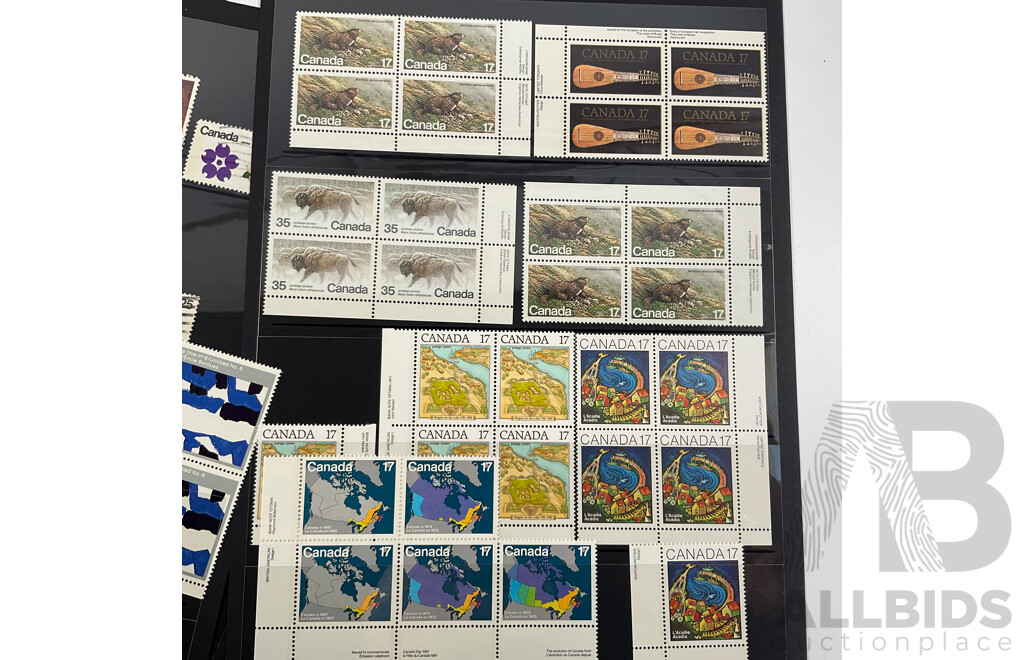 Collection of Canadian Mint Stamp Blocks, Sets with Some Cancelled Singles