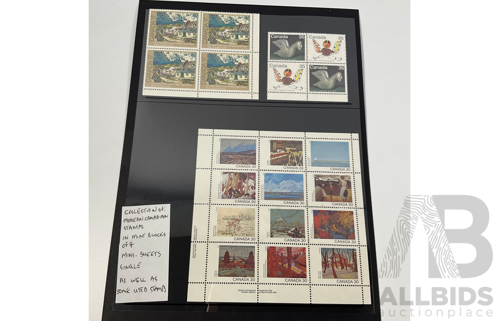 Collection of Canadian Mint Stamp Blocks, Sets with Some Cancelled Singles