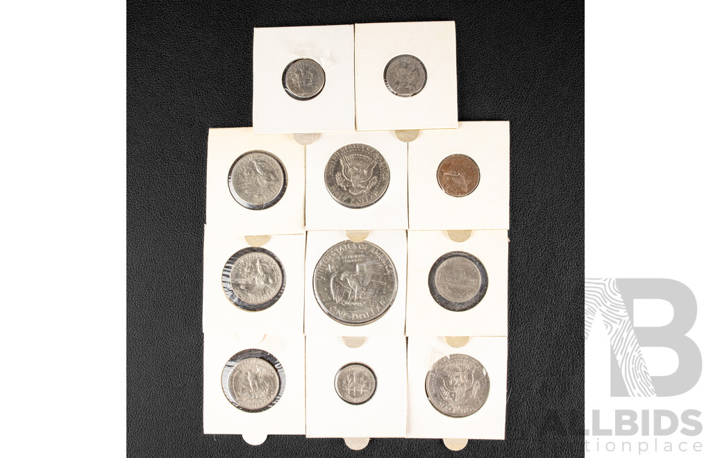 Collection of USA Coins Including 1974 Eisenhower Dollar, 1972, 1974 Kennedy Half Dollars, Two 1976 Bicentennial, 1982 Quarters, 1964 Five Cents, 1971, 1973, 1975D Dimes, 1969 One Cent