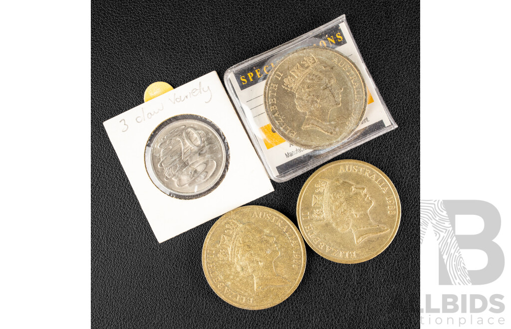 Three Australian 1988 Five Dollar Coins, Bicentennial, 1981canadian Mint Twenty Cent Coin, Three and Half Claw Variety,