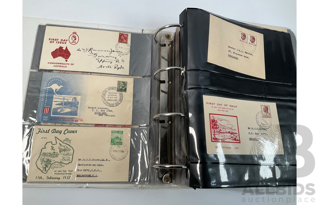 Album of Australian First Day Covers Spanning 1940's to 1971 Including Federation Jubilee, 1954 Royal Visit, 1956 Melbourne Olympics, First Decimal Currency Stamp, Last Day Cover Carried by Sydney Tram and Much More