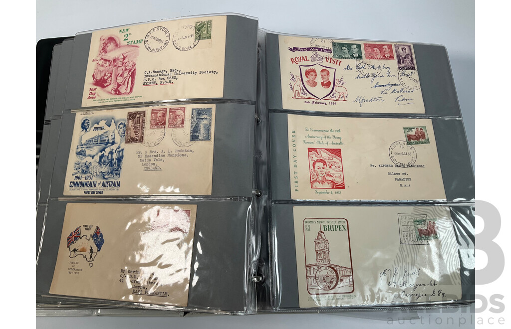 Album of Australian First Day Covers Spanning 1940's to 1971 Including Federation Jubilee, 1954 Royal Visit, 1956 Melbourne Olympics, First Decimal Currency Stamp, Last Day Cover Carried by Sydney Tram and Much More