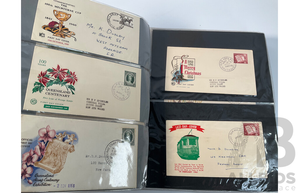 Album of Australian First Day Covers Spanning 1940's to 1971 Including Federation Jubilee, 1954 Royal Visit, 1956 Melbourne Olympics, First Decimal Currency Stamp, Last Day Cover Carried by Sydney Tram and Much More