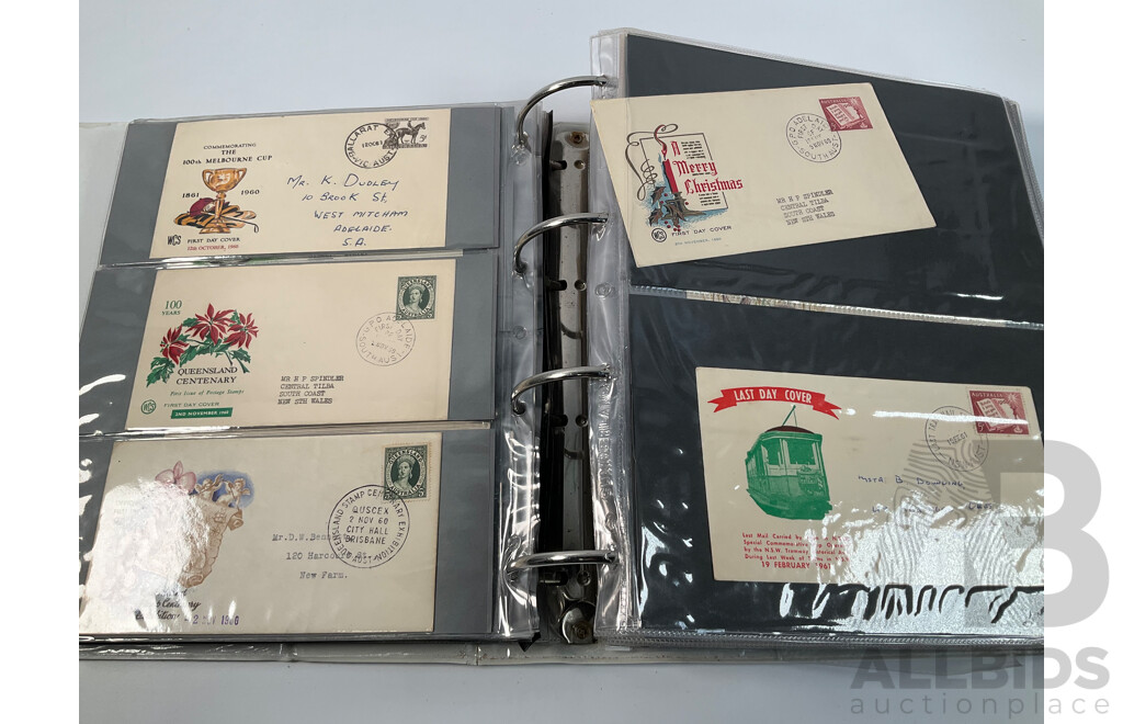 Album of Australian First Day Covers Spanning 1940's to 1971 Including Federation Jubilee, 1954 Royal Visit, 1956 Melbourne Olympics, First Decimal Currency Stamp, Last Day Cover Carried by Sydney Tram and Much More