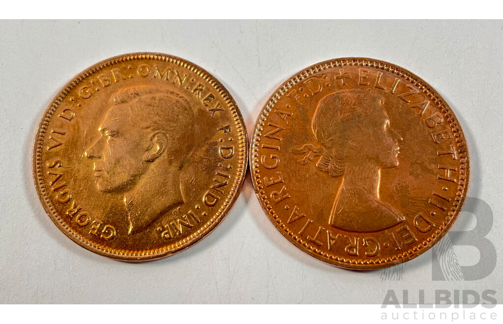 Australian 1941 KGVI and 1962 QE2 Pennies, High Grade