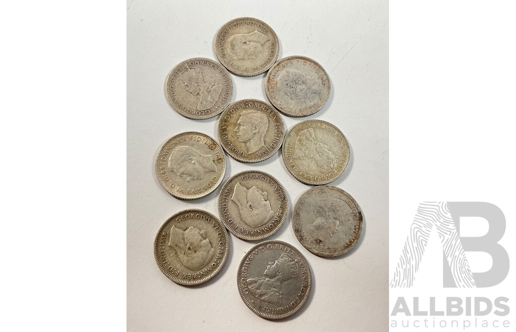 Ten Australian Silver Sixpence Including 1912, 1914, 1926, 1936, 1939, 1940, 1941,1942, 1942D, 1942S   .925