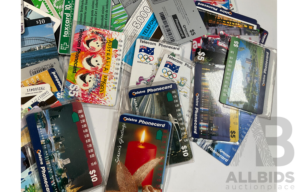 Collection of International Phonecards Including Australian Telecom, Paytel, Denmark, New Zealand, United Kingdom, Korea, Japan, Singapore, Ireland, France