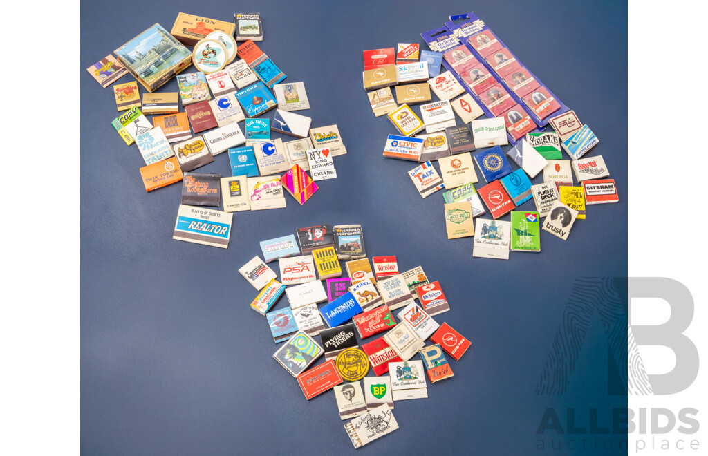 Good Collection of Vintage Match Books and Boxes Including Parliamentary Box Signed by Bob Hawke, Camel, Winston, BP/Alan Moffat, Mobilgas, Qantas, Local Canberra Businesses and More