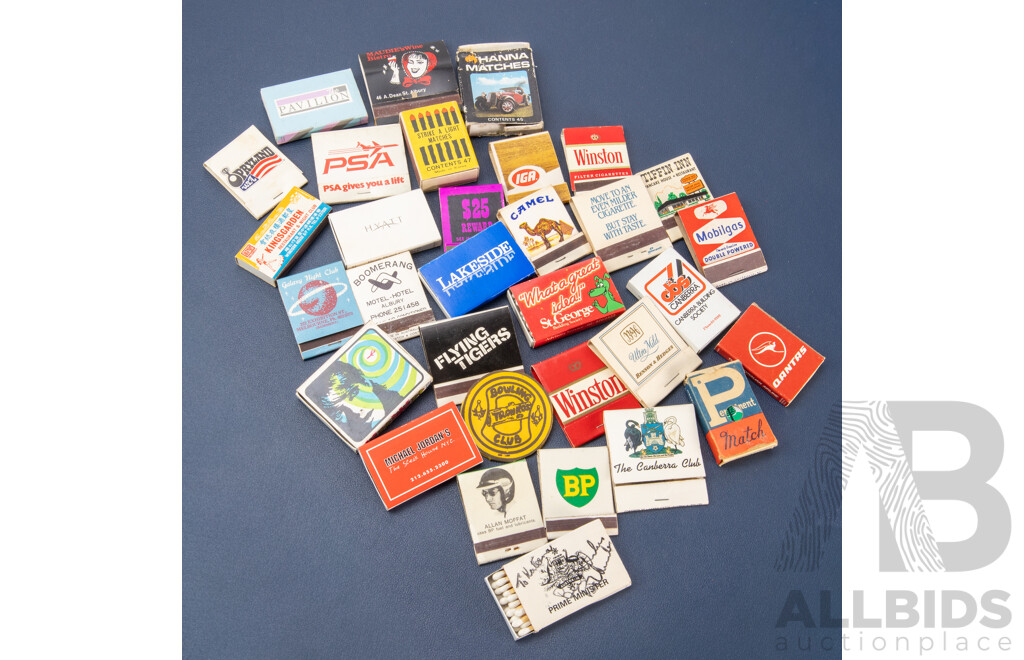 Good Collection of Vintage Match Books and Boxes Including Parliamentary Box Signed by Bob Hawke, Camel, Winston, BP/Alan Moffat, Mobilgas, Qantas, Local Canberra Businesses and More