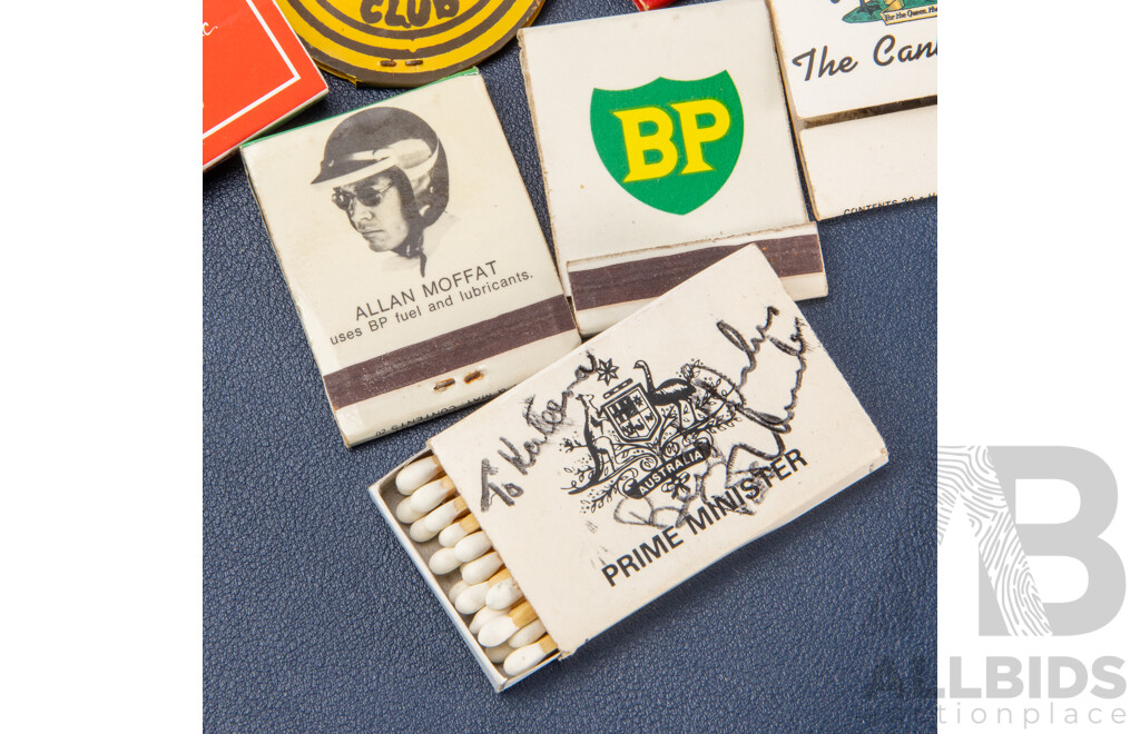 Good Collection of Vintage Match Books and Boxes Including Parliamentary Box Signed by Bob Hawke, Camel, Winston, BP/Alan Moffat, Mobilgas, Qantas, Local Canberra Businesses and More