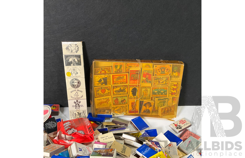 Collection of International Vintage Match Books and Boxes Including Australia, USA, Europe and More - Approximately 3.9 Kilograms Including Storage Box