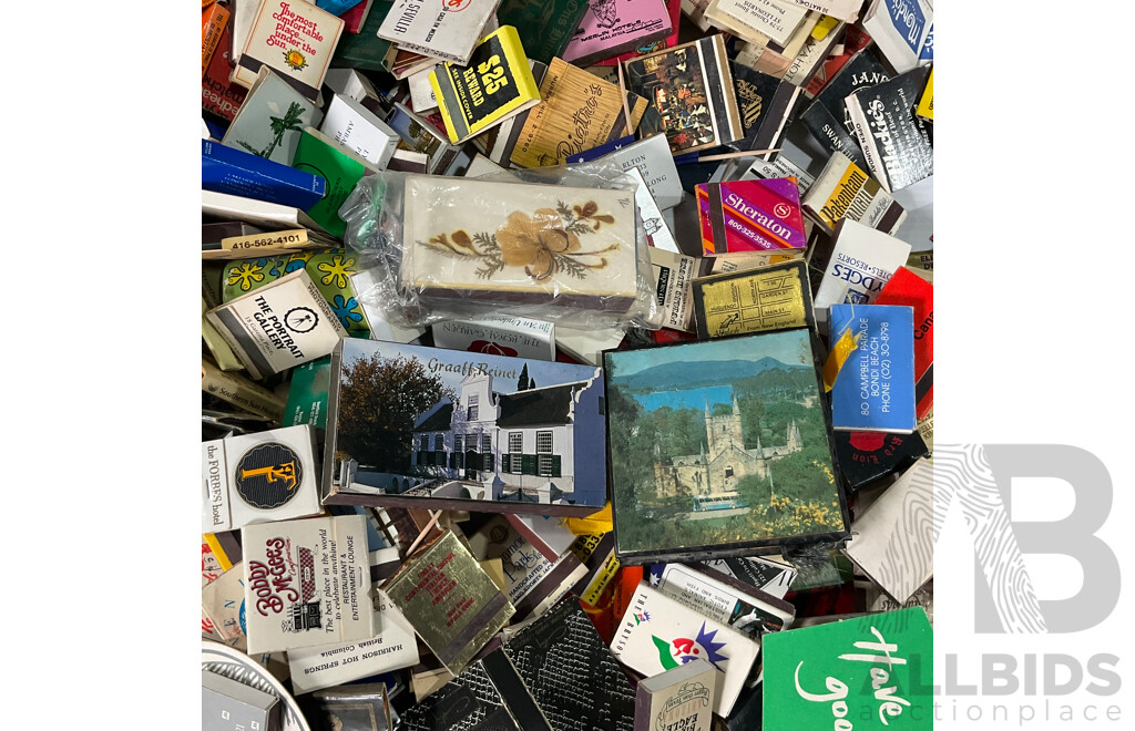 Collection of International Vintage Match Books and Boxes Including Australia, USA, Europe and More - Approximately 3.9 Kilograms Including Storage Box