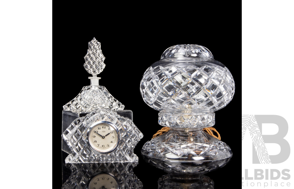 Art Deco Boudoir Crystal Bedside Lamp with Cut Crystal Astra Clock and Perfume Bottle