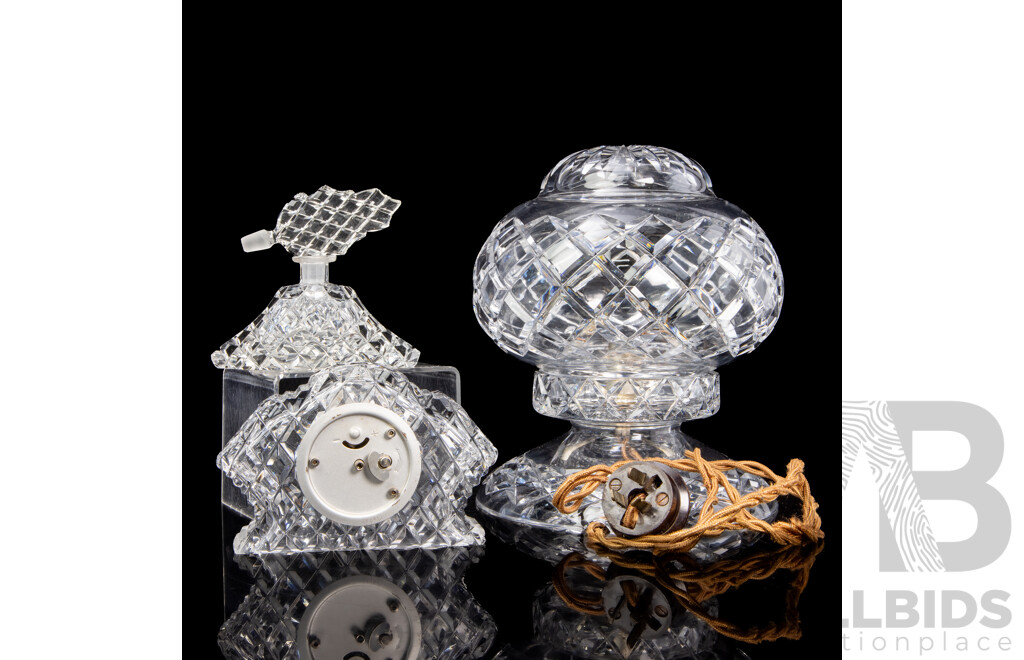 Art Deco Boudoir Crystal Bedside Lamp with Cut Crystal Astra Clock and Perfume Bottle