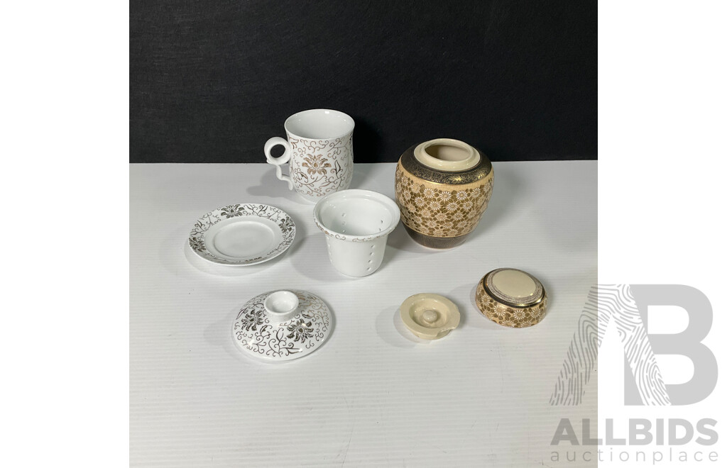 Vintage Japanese Kutani Ginger Jar with Chinese Ceramic Tea Up, Infuser and Saucer