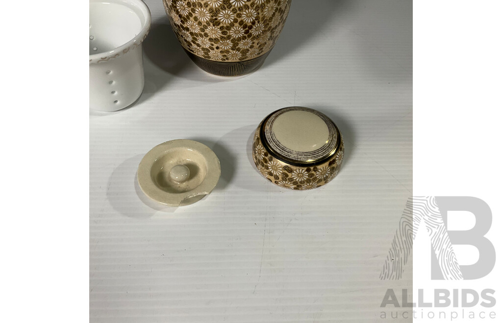 Vintage Japanese Kutani Ginger Jar with Chinese Ceramic Tea Up, Infuser and Saucer