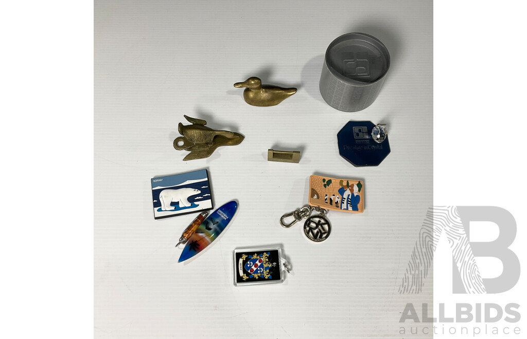 Swarovski Crystal Mouse with Original Box, Brass Duck Wall Clip and Paper Weigh with Fridge Magnets and Key Rings