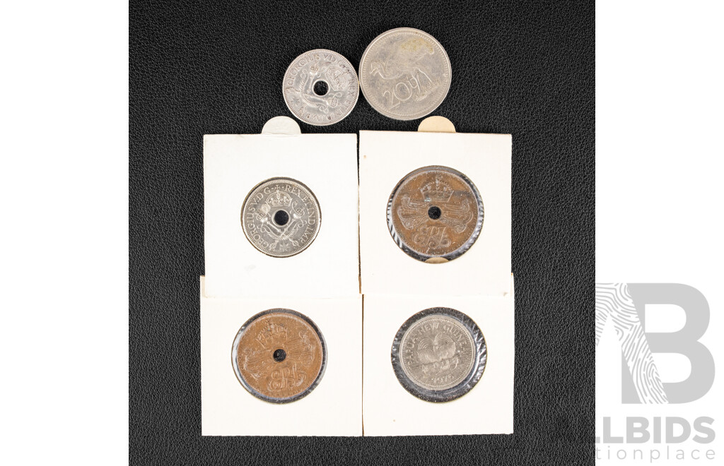 Collection of Papua New Guinea Coins Including 1935 and 1936 Silver Shillings, Two 1936 Pennies, 1975 Twenty Toea Coin, 1976 Ten Toea Coin