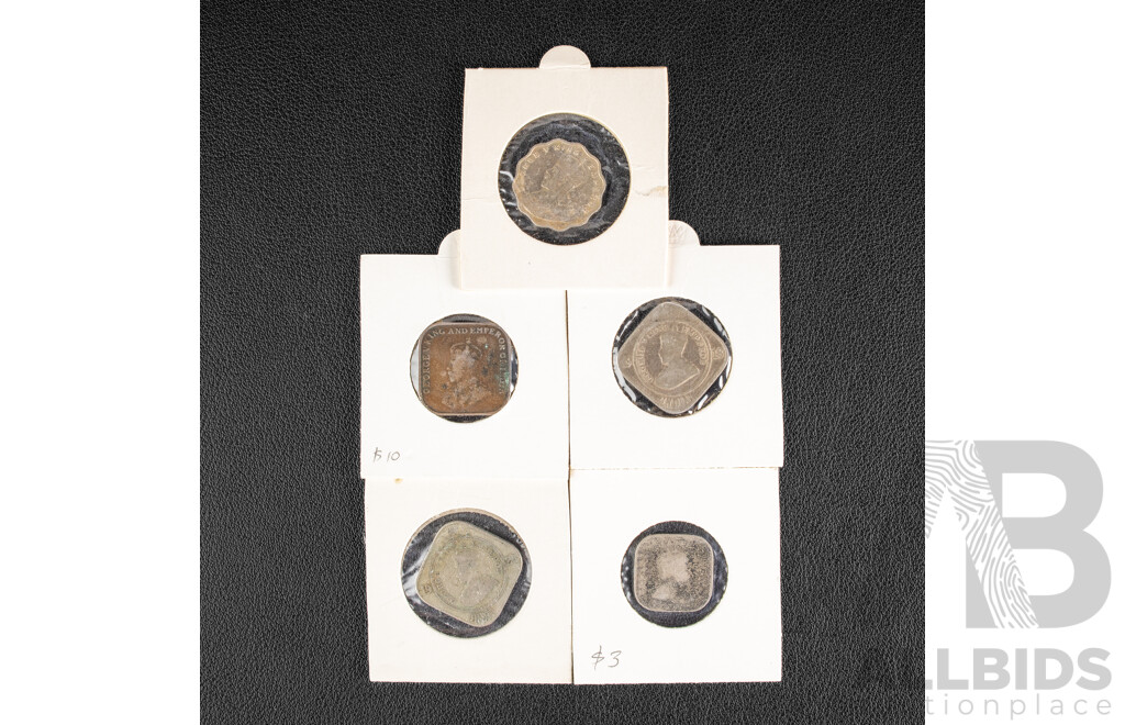 India KGV 1918, 1925 Two Annas, 1914 One Anna, Straits Settlements One Cent, Ceylon KEVII 1909 Five Cents