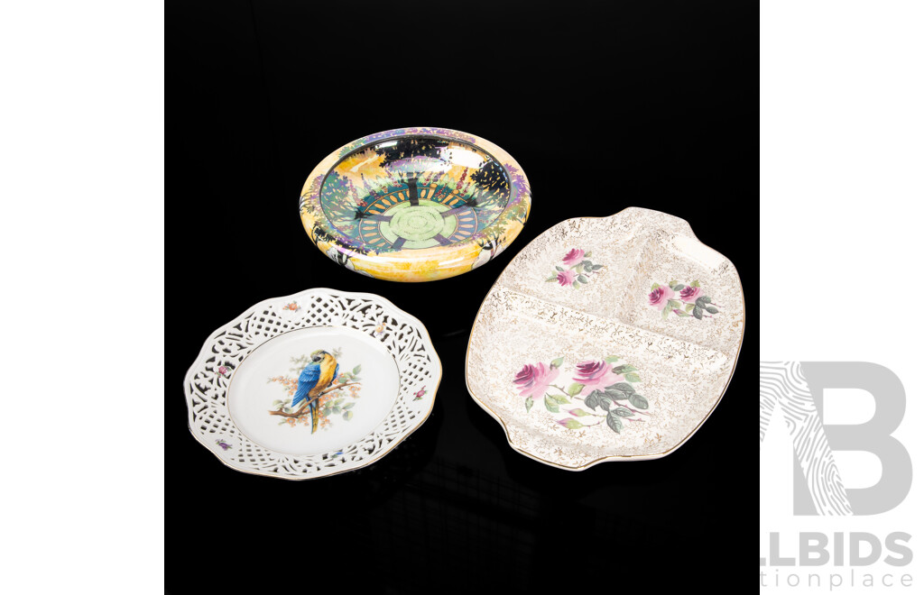 Vintage Grimwades Byzanta Lustre Ware Bowl, Bavaria Schumann Arzberg Lattice Plate, Stylecraft Bone China Midwinter Serving Plate