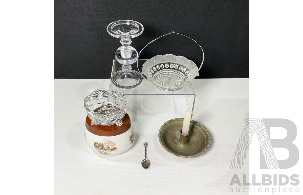 The Salisbury Hotel Silver Plate Candle Holder, Heavy Glass Candle Stick Holder, Cut Glass Tri Footed Glass Bowl, Ruffle Edged Sugar Bowl, Italian Biscuit Jar