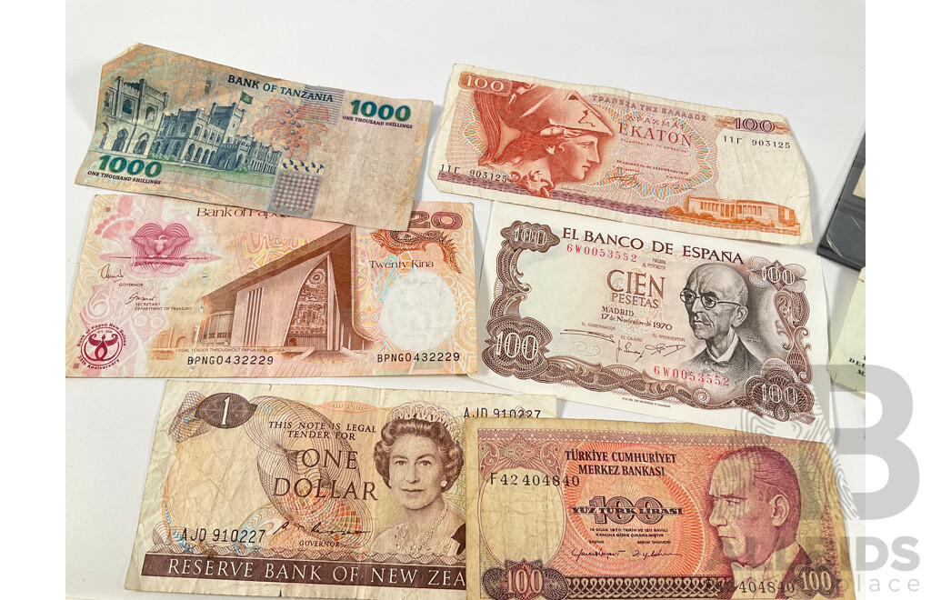 Collection of Vintage Banknotes and Cheques Including Philippines, Samoa, New Zealand, PNG, Greece, Tanzania, Turkiye, Argentina, Croatia, Noumea, Italy, Spain, Germany