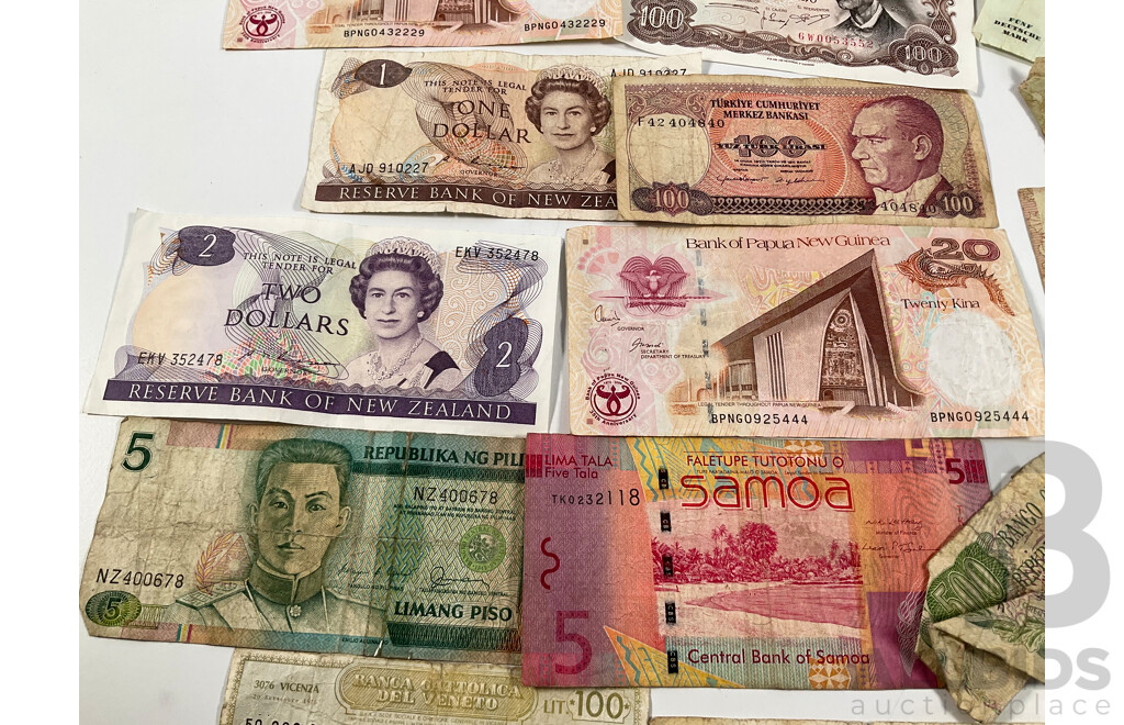 Collection of Vintage Banknotes and Cheques Including Philippines, Samoa, New Zealand, PNG, Greece, Tanzania, Turkiye, Argentina, Croatia, Noumea, Italy, Spain, Germany
