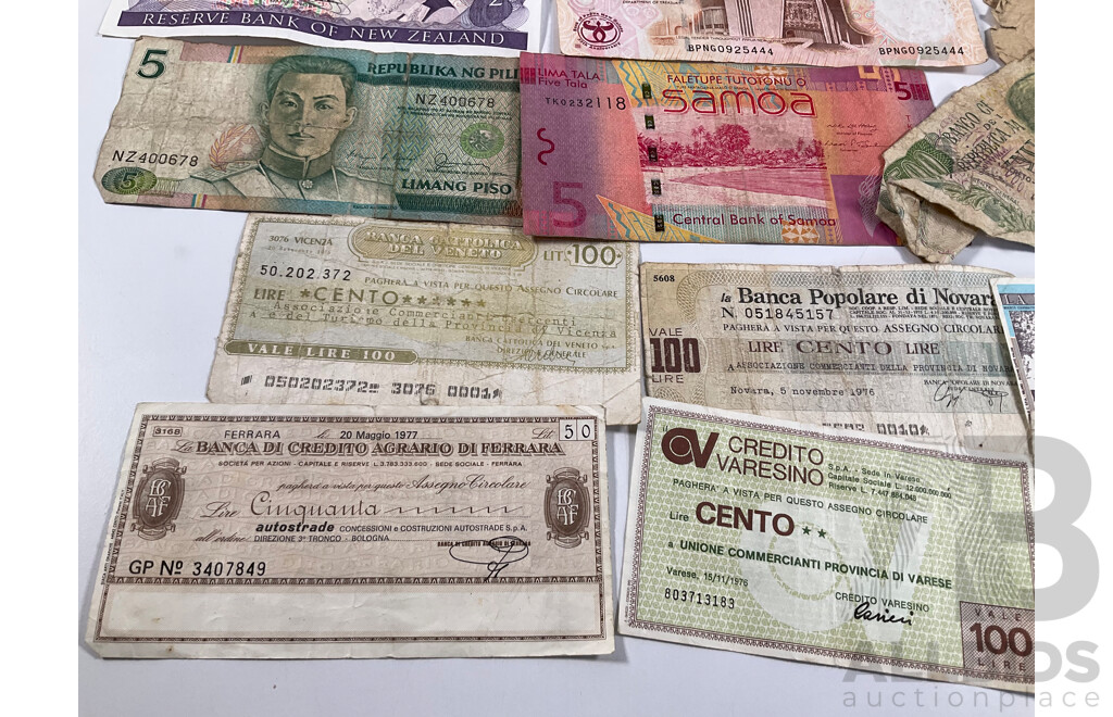 Collection of Vintage Banknotes and Cheques Including Philippines, Samoa, New Zealand, PNG, Greece, Tanzania, Turkiye, Argentina, Croatia, Noumea, Italy, Spain, Germany