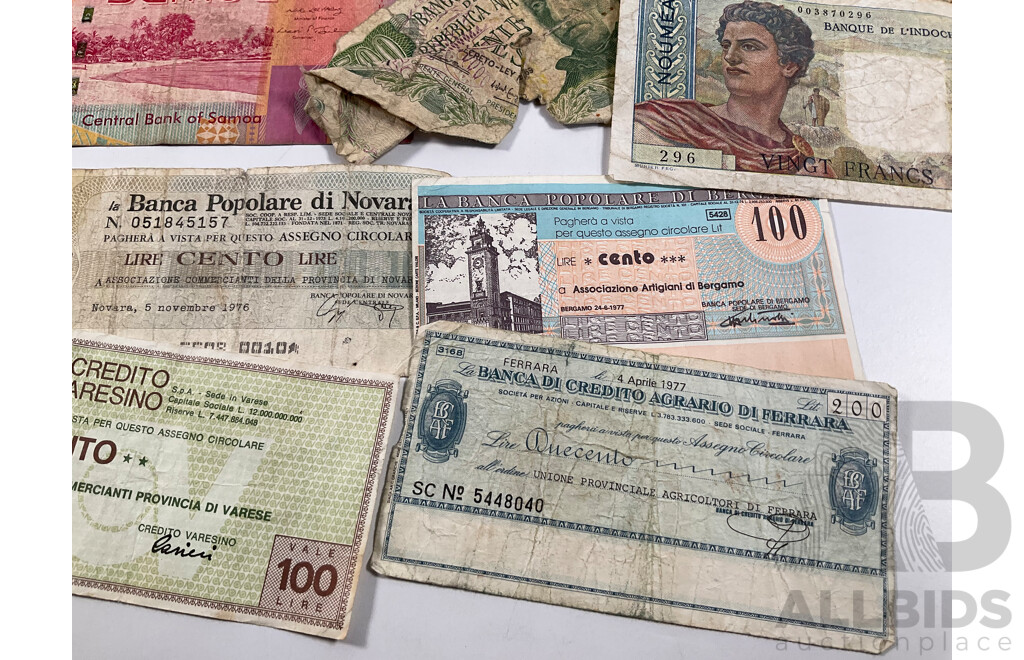 Collection of Vintage Banknotes and Cheques Including Philippines, Samoa, New Zealand, PNG, Greece, Tanzania, Turkiye, Argentina, Croatia, Noumea, Italy, Spain, Germany