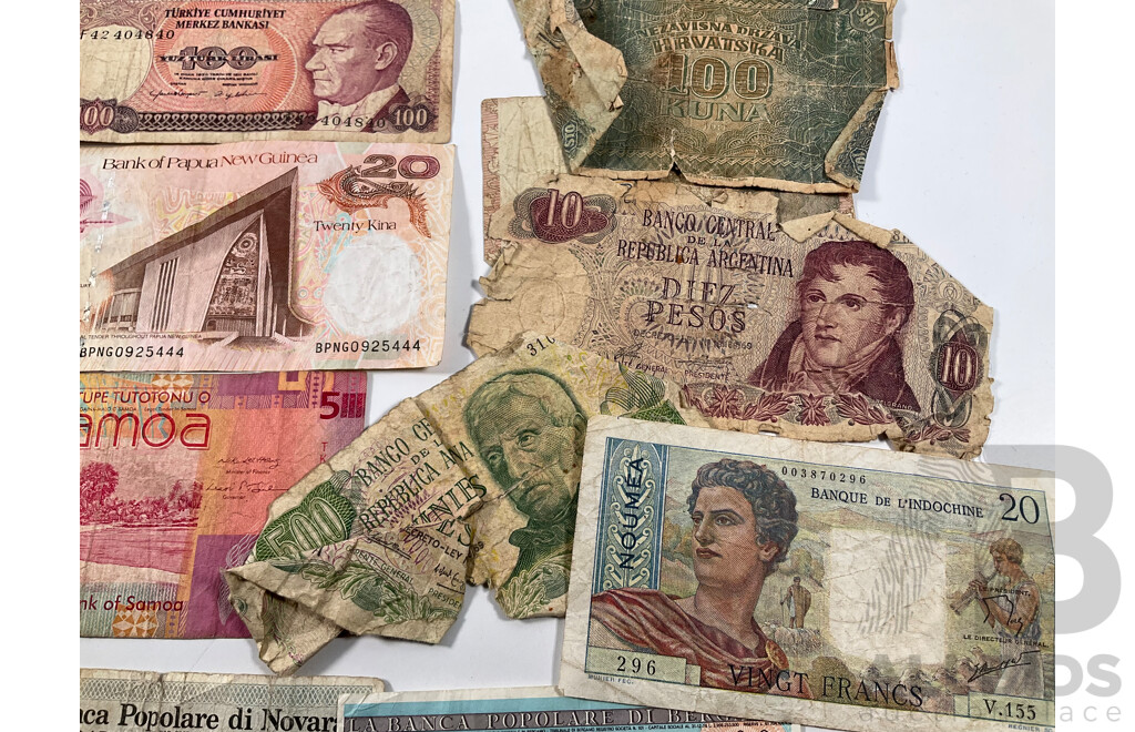 Collection of Vintage Banknotes and Cheques Including Philippines, Samoa, New Zealand, PNG, Greece, Tanzania, Turkiye, Argentina, Croatia, Noumea, Italy, Spain, Germany