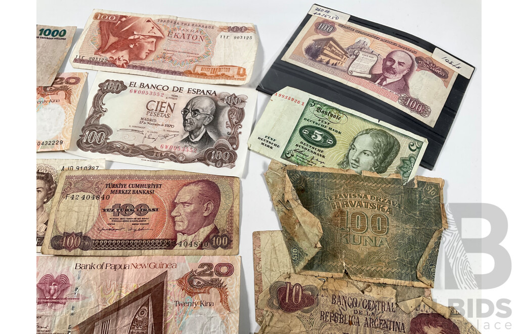 Collection of Vintage Banknotes and Cheques Including Philippines, Samoa, New Zealand, PNG, Greece, Tanzania, Turkiye, Argentina, Croatia, Noumea, Italy, Spain, Germany