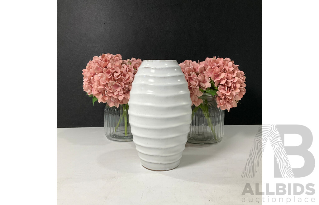 Pair of Stylish Glass Jar Vases with Artificial Flowers and Glazed Pottery Vase