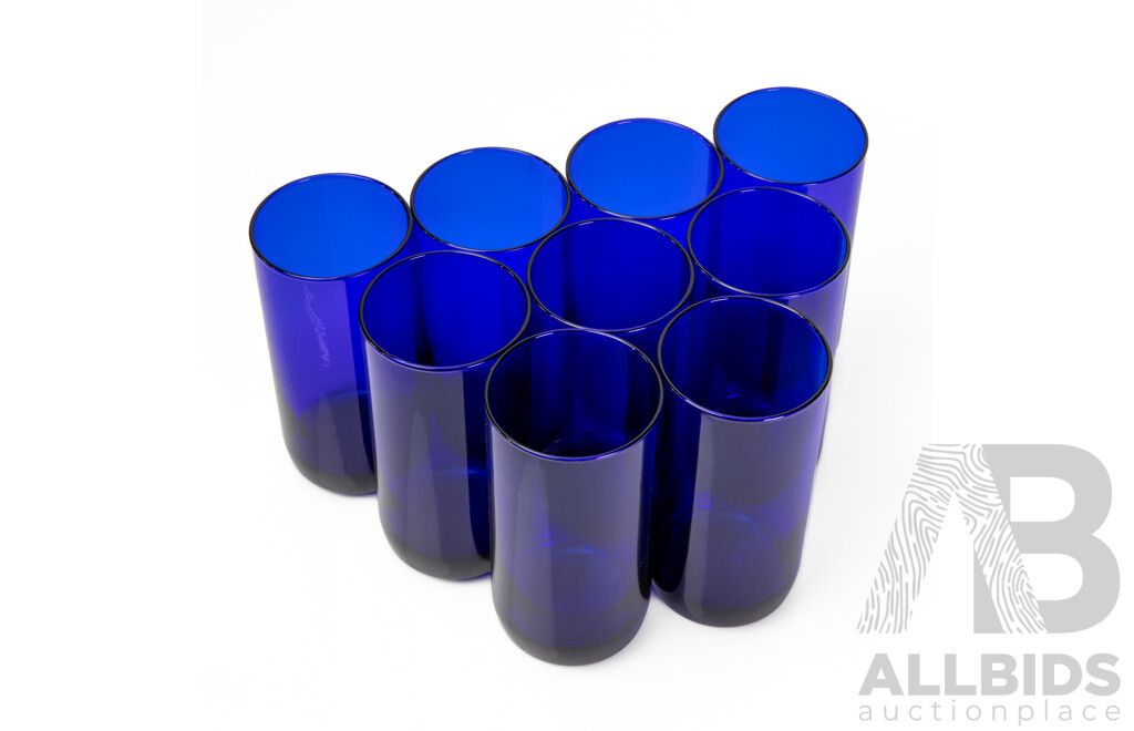 Nine Vintage Libbey Glass Cobalt Blue Metropolitan Tumblers