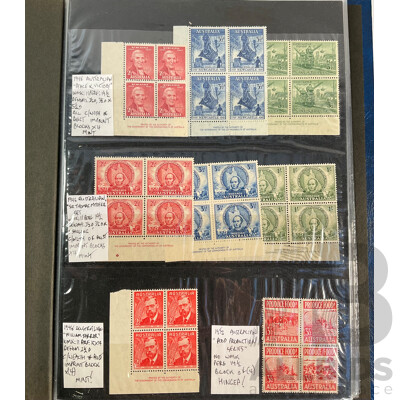 Album of Australian Predecimal Stamp Blocks Including 1937 John Ash NSW Sesquicentenary and Queen Mother, 1947 Newcastle, 1946 Thomas Mitchell Set, 1963 Royal Visit, Antarctic Territory and More