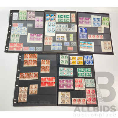Collection of Australian Mint and Cancelled  Predecimal Stamp Blocks and Strips, Examples Spanning 1940's to 1960's Including Antarctic Territory, Christmas 1957, 1964, Australia Postage 1945 and More