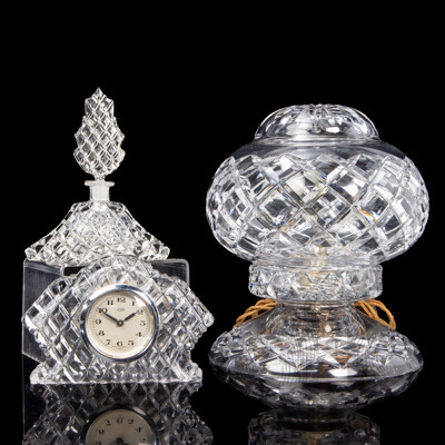Art Deco Boudoir Crystal Bedside Lamp with Cut Crystal Astra Clock and Perfume Bottle