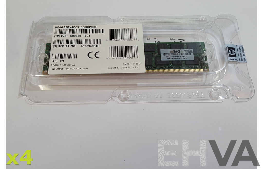 HP (HP4GB2RX4PC310600R9KIT) 4GB 2Rx4 DDR3 PC3-10600 1333Mhz REG ECC Server RAM - Lot of Four