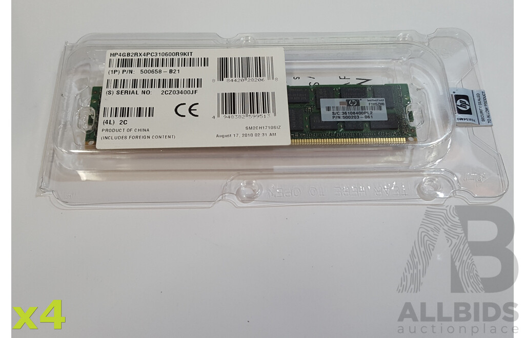 HP (HP4GB2RX4PC310600R9KIT) 4GB 2Rx4 DDR3 PC3-10600 1333Mhz REG ECC Server RAM - Lot of Four