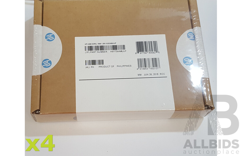 HP (H6Y75AA#UUF) 4GB DDR3L-1600 SODIMM RAM - Lot of Four *Brand New