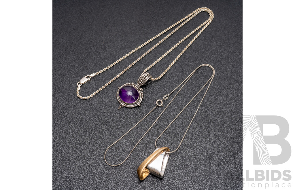 925 Sterling Silver Necklace & Pendants with Amethyst - Lot of 2