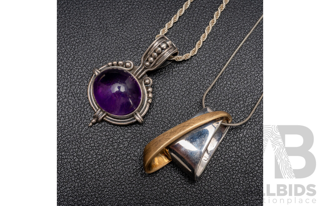 925 Sterling Silver Necklace & Pendants with Amethyst - Lot of 2