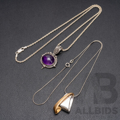 925 Sterling Silver Necklace & Pendants with Amethyst - Lot of 2