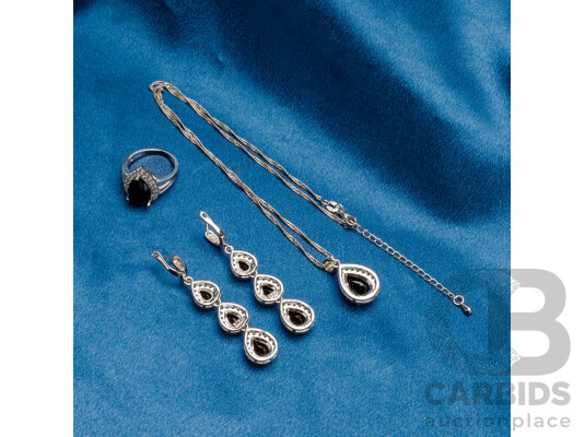 1662394 · Sterling Silver Gem Set Collection, with Ring, Earrings & Necklace, 20.56 Grams