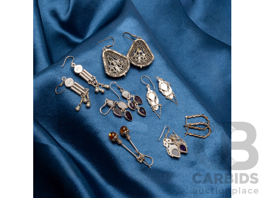 Sterling Silver Boho Style Drop Earrings with Gemstones, 7 Pairs, 43.33 Grams