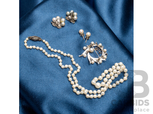 Sterling Silver Vintage 1960’s Cultured Pearl Collection with Necklace, Brooch & (2) Pairs Earrings